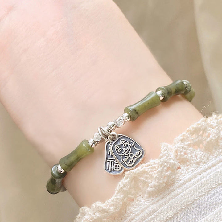 Buddha Stones 925 Sterling Silver Bamboo Jade Lucky Cat Fu Character Luck Abundance Bracelet - image 13