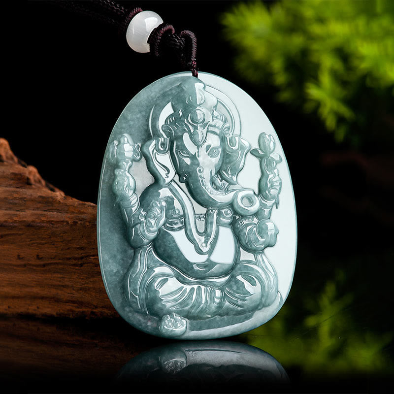 Buddha Stones Natural Jade Ganesh Ganpati Elephant Protection Amulet Necklace Pendant - image 3