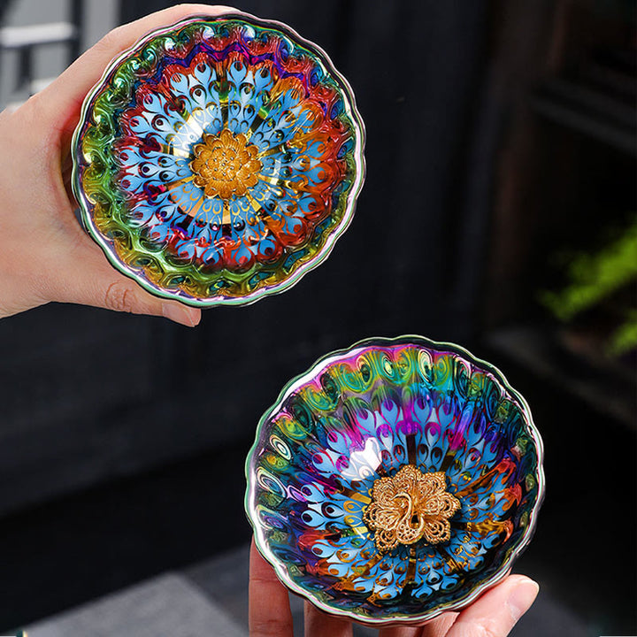 Buddha Stones Vivid Peacock Lotus Inlaid Design Colorful Chinese Jianzhan Ceramic Teacup Kung Fu Tea Cup