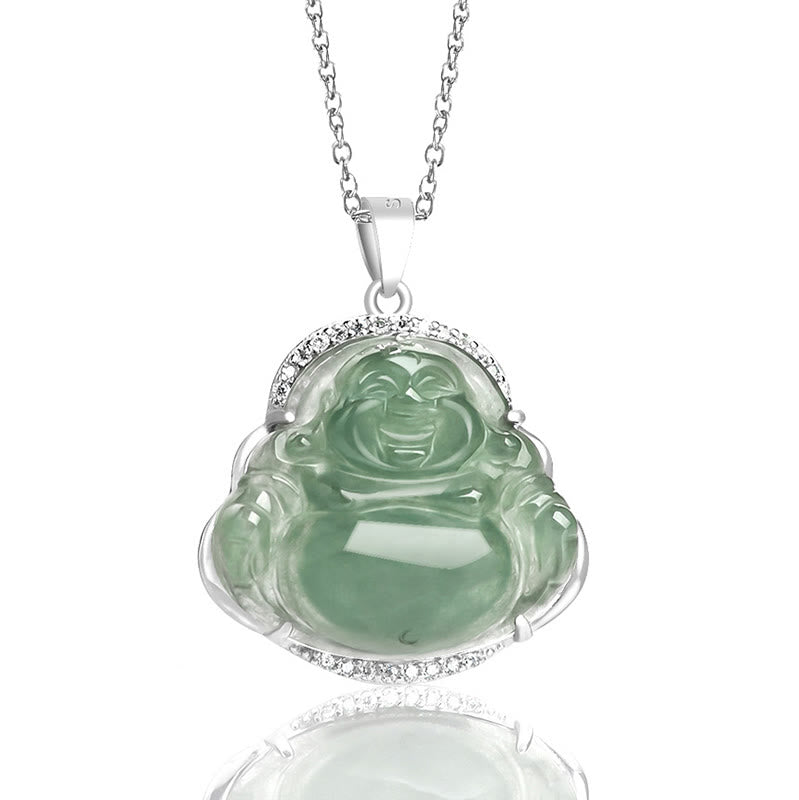 Buddha Stones Laughing Buddha Natural Jade Luck Prosperity Necklace Titanium Steel Chain Pendant - image 1