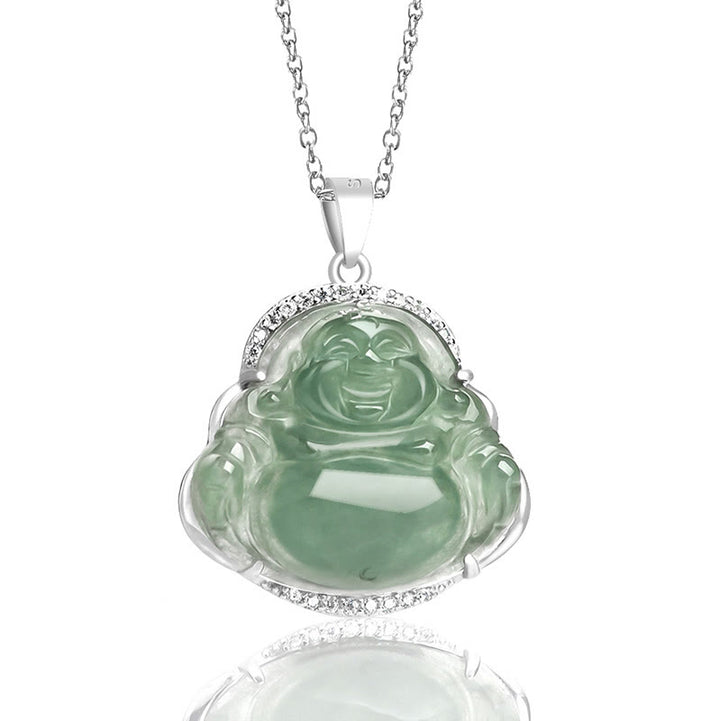 Buddha Stones 925 Sterling Silver Laughing Buddha Natural Jade Luck Prosperity Necklace Chain Pendant - image 2