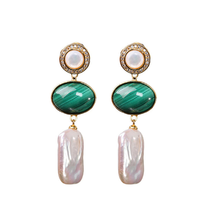 Buddha Stones 925 Sterling Silver Natural Baroque Pearl Malachite Healing Wisdom Drop Earrings