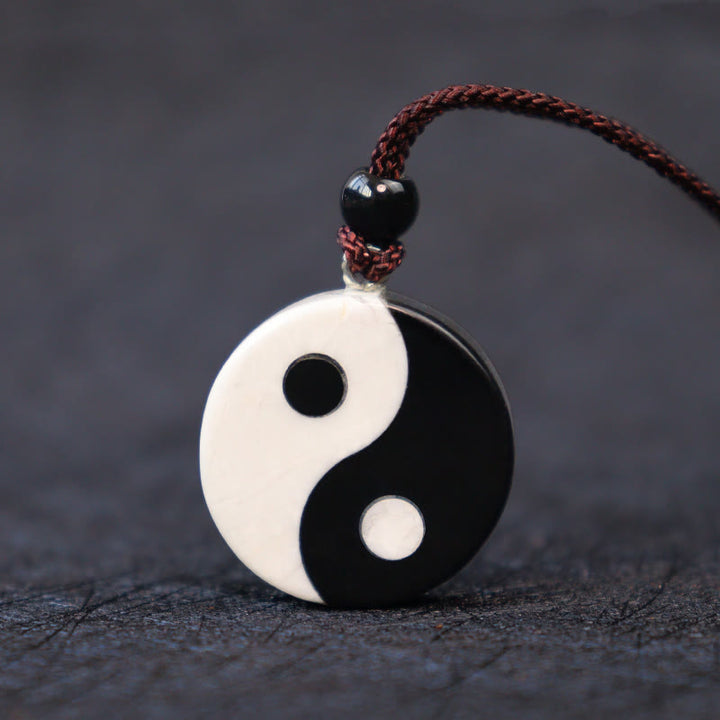 Buddha Stones Natural Black Obsidian White Turquoise Yin Yang Fulfilment Strength Necklace Pendant