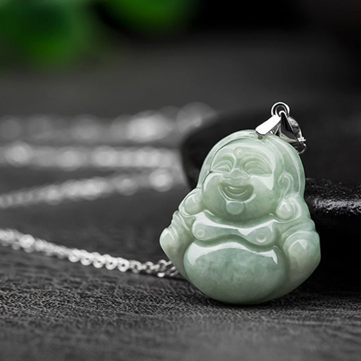 Buddha Stones 925 Sterling Silver Laughing Buddha Jade Blessing Necklace Chain Pendant - image 6