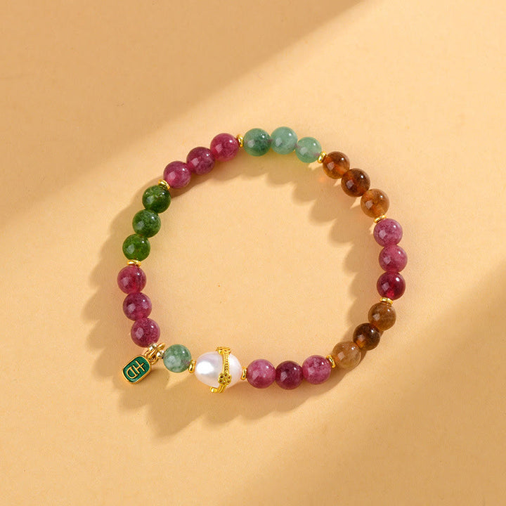 Buddha Stones Natural Multicolored Tourmaline Pearl Auspicious Character Charm Wisdom Bracelet