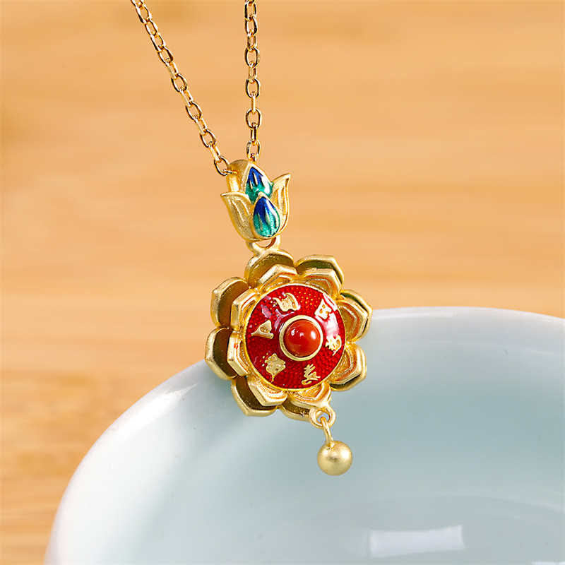 925 Sterling Silver Tibet Lotus Prayer Wheel Red Agate Enlightenment Necklace Pendant - Necklace - image 1