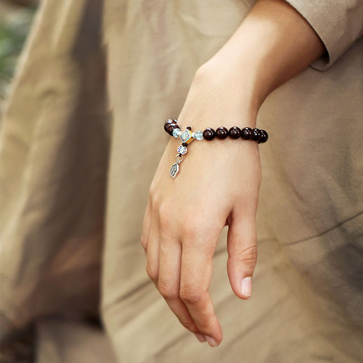 925 Sterling Silver Indian Small Leaf Red Sandalwood Aquamarine Full of Gold Star Chinese Knotting Blessing Bracelet