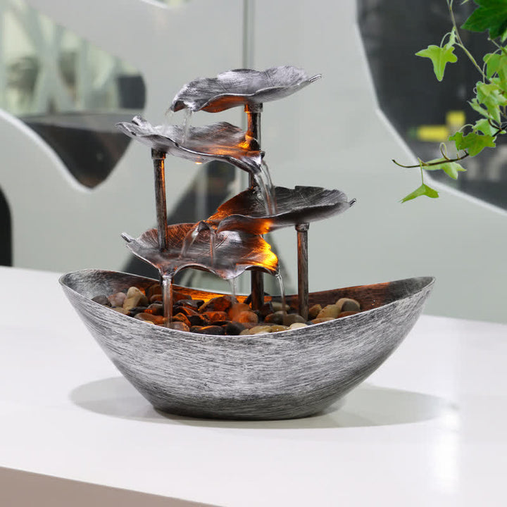 Buddha Stones Lotus Leaf Shaped Waterfall Fountain Tabletop Ornaments With LED Light Home Office Desktop Decoration