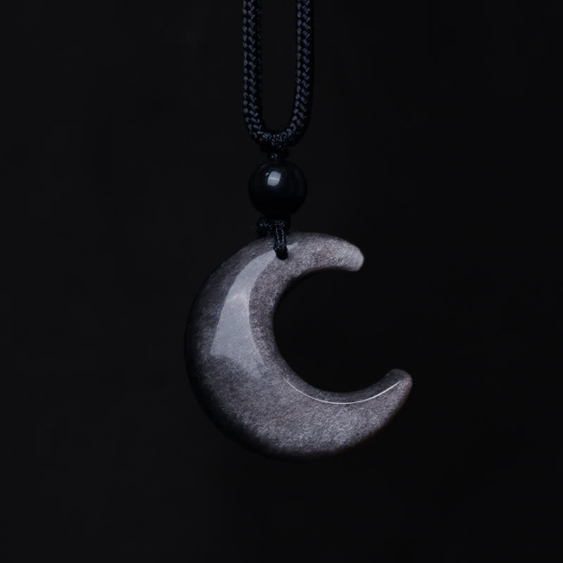 Buddha Stones Natural Silver Sheen Obsidian Selenite Crystal Crescent Moon Yin Yang Couple Protection Necklace Pendant - image 3
