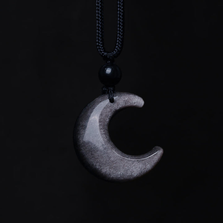 Buddha Stones Natural Silver Sheen Obsidian Selenite Crystal Crescent Moon Yin Yang Couple Protection Necklace Pendant - image 3