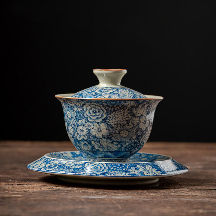 Buddha Stones Vintage Blue And White Porcelain Peach Blossom Lotus Peony Ceramic Gaiwan Sancai Teacup Kung Fu Tea Cup And Saucer With Lid - 10cm*11cm*160ml(Saucer 15.3cm) - image 10