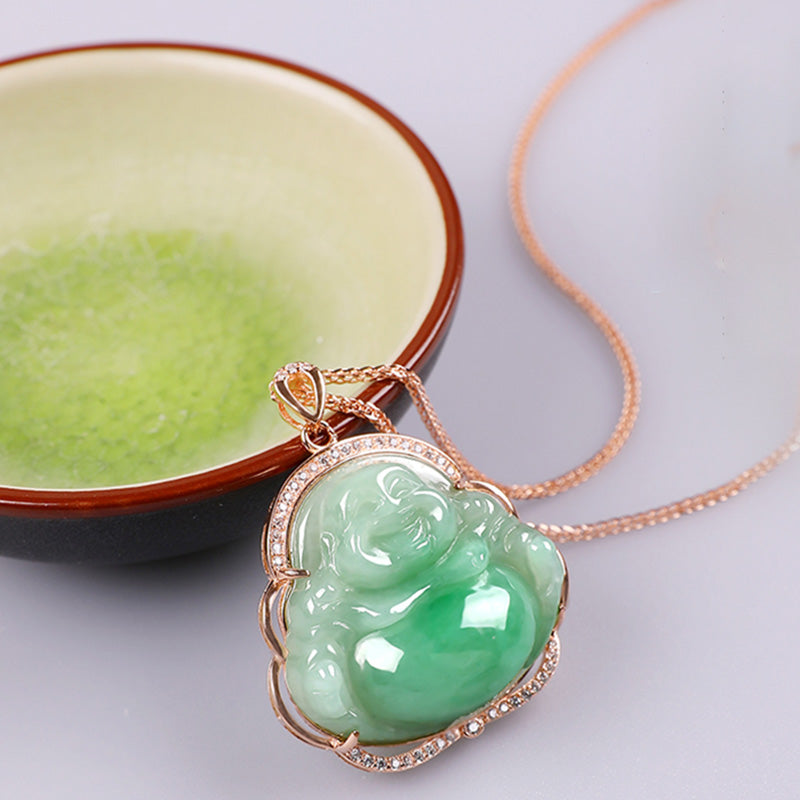 925 Sterling Silver Laughing Buddha Natural Jade Prosperity Necklace Chain Pendant - image 2