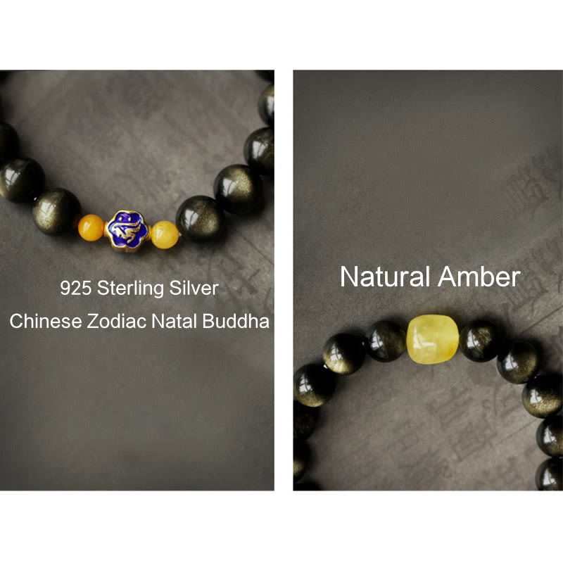 Buddha Stones 925 Sterling Silver Chinese Zodiac Natal Buddha Natural Gold Sheen Obsidian Amber Wealth Protection Bracelet - image 19