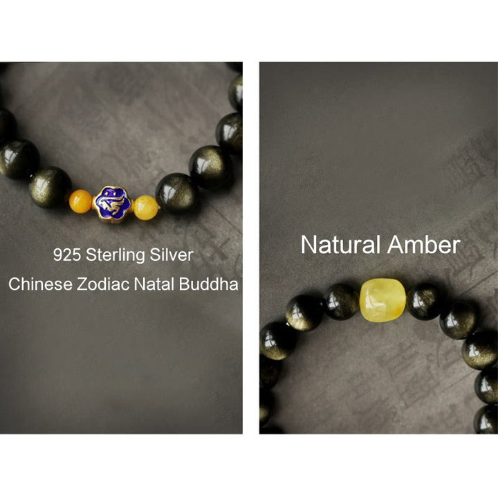 Buddha Stones 925 Sterling Silver Chinese Zodiac Natal Buddha Natural Gold Sheen Obsidian Amber Wealth Protection Bracelet - image 19