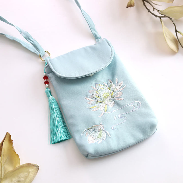 Buddha Stones Small Embroidered Flowers Crossbody Bag Shoulder Bag Double Layer Cellphone Bag