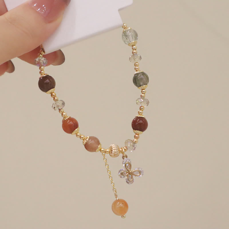 Buddha Stones Natural Fu Lu Shou Rainbow Crystal Rutilated Quartz Wealth Butterfly Charm Bracelet