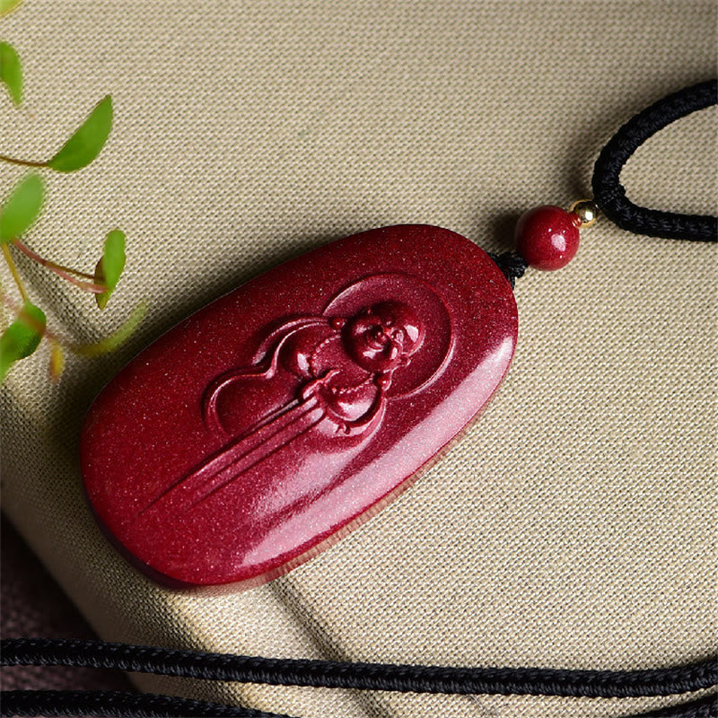 Buddha Stones Laughing Buddha Yin Yang Chinese Zodiac Gourd Natural Cinnabar Blessing Necklace Pendant - image 2