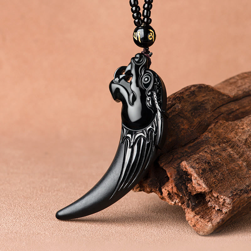 Buddha Stones Natural Black Jade Chinese Zodiac Dragon Tooth Pattern Protection Necklace Pendant - image 2