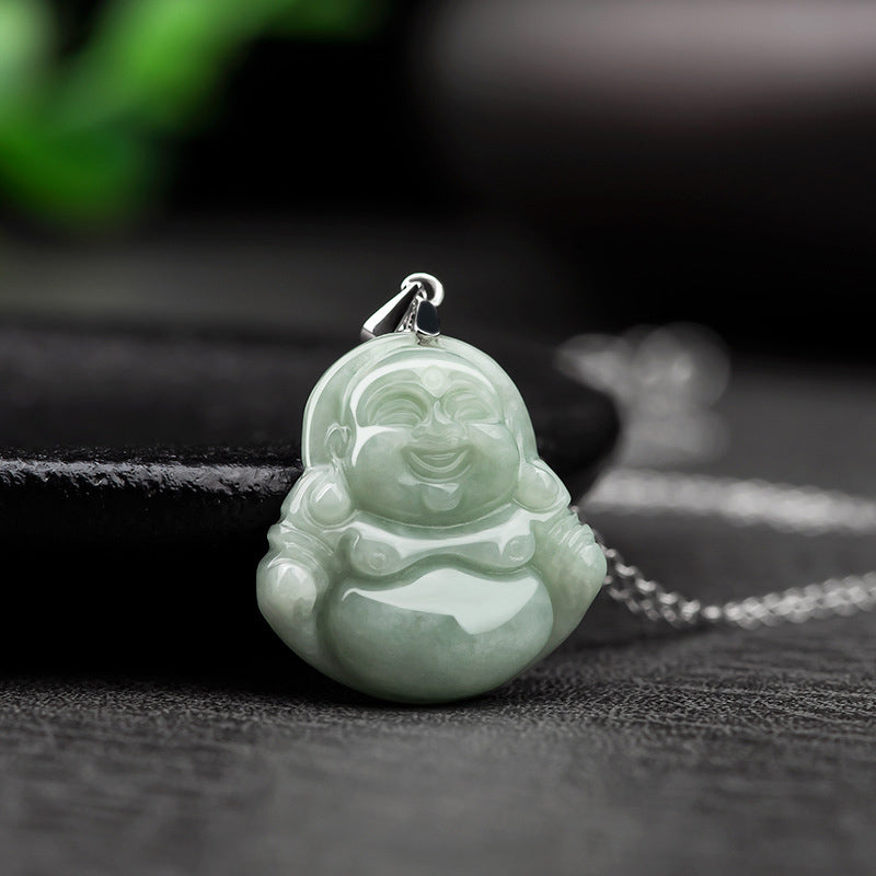 Buddha Stones 925 Sterling Silver Laughing Buddha Jade Blessing Necklace Chain Pendant - image 2