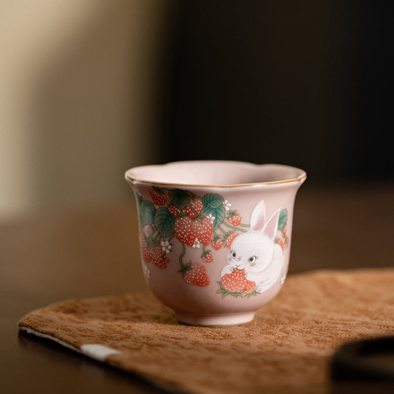 Buddha Stones Cute Strawberry Rabbit Flower Ceramic Teacup Kung Fu Tea Cup 55ml