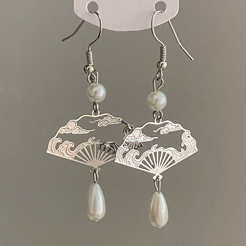 Buddha Stones Copper Fan Auspicious Clouds Pearl Healing Drop Earrings