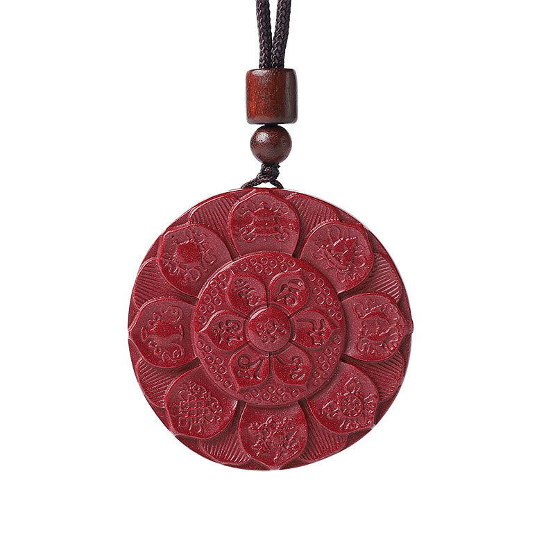 Buddha Stones Natural Cinnabar Lotus Om Mani Padme Hum Blessing Necklace String Pendant