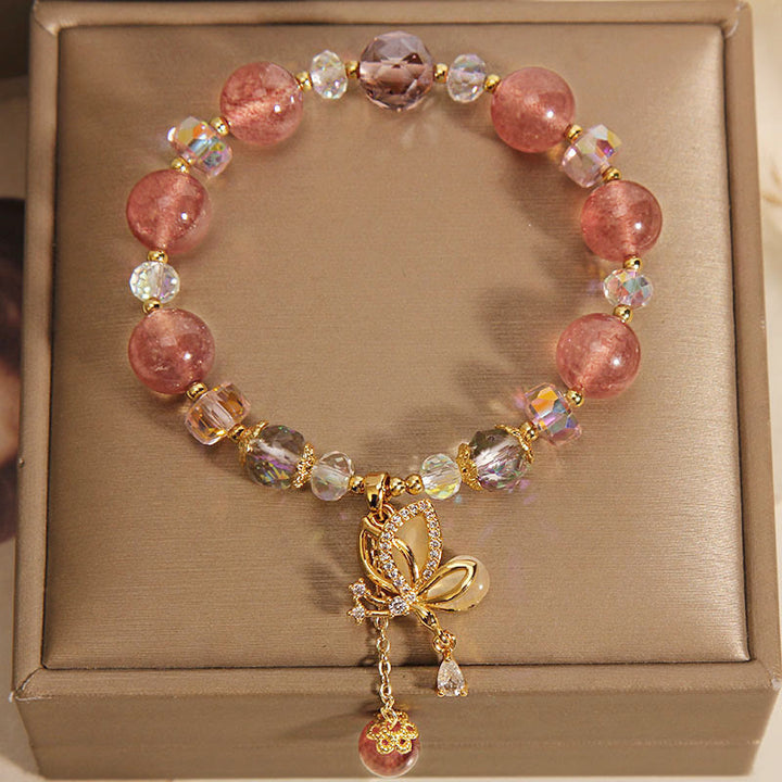 Buddha Stones Natural Strawberry Quartz Healing Positive Butterfly Charm Bracelet