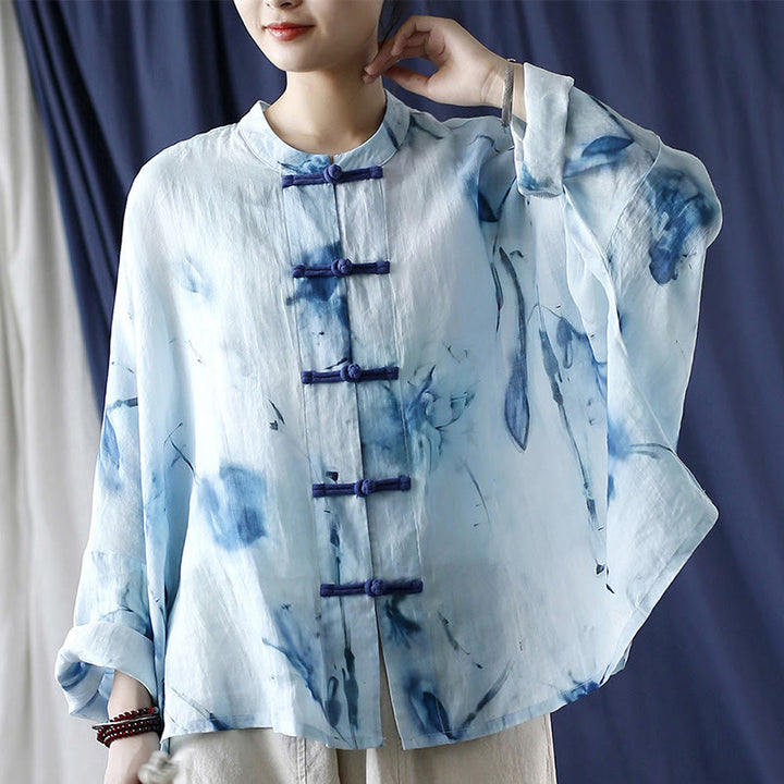 Buddha Stones Tie Dye Blue Flowers Frog-Button Design Long Sleeve Ramie Linen Jacket Shirt