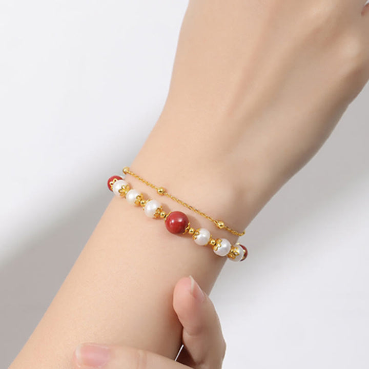 Buddha Stones 925 Sterling Silver Pearl Cinnabar Wisdom Bead Double Layer Chain Bracelet - image 6