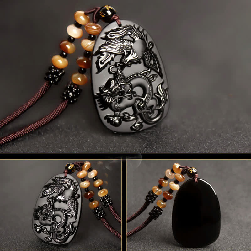 Black Obsidian Tiger Eye Dragon Phoenix Protection Beaded Necklace Pendant - image 5