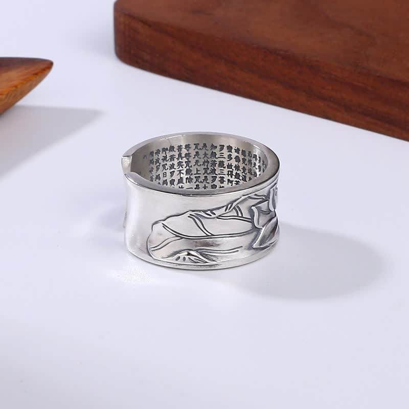 999 Sterling Silver Lotus Flower Heart Sutra Protection Ring - image 4