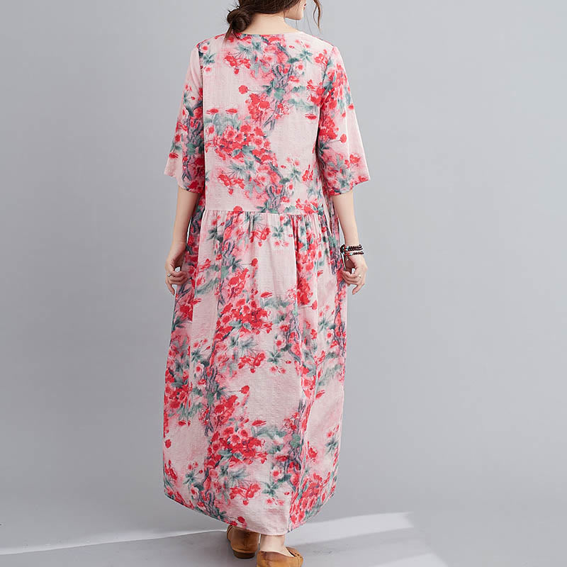 Buddha Stones Flowers Print Midi Dress Cotton Linen Tunic Dress With Pockets