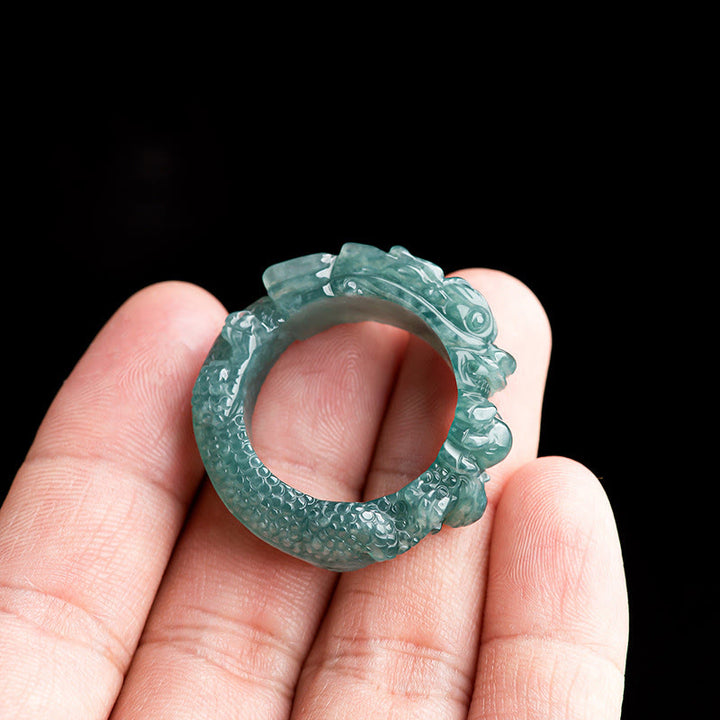 Buddha Stones Natural Jade Dragon Success Ring