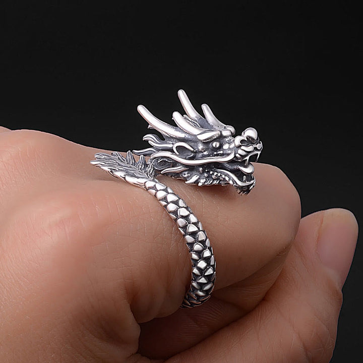 Buddha Stones 990 Sterling Silver Vintage Dragon Design Luck Protection Strength Adjustable Ring