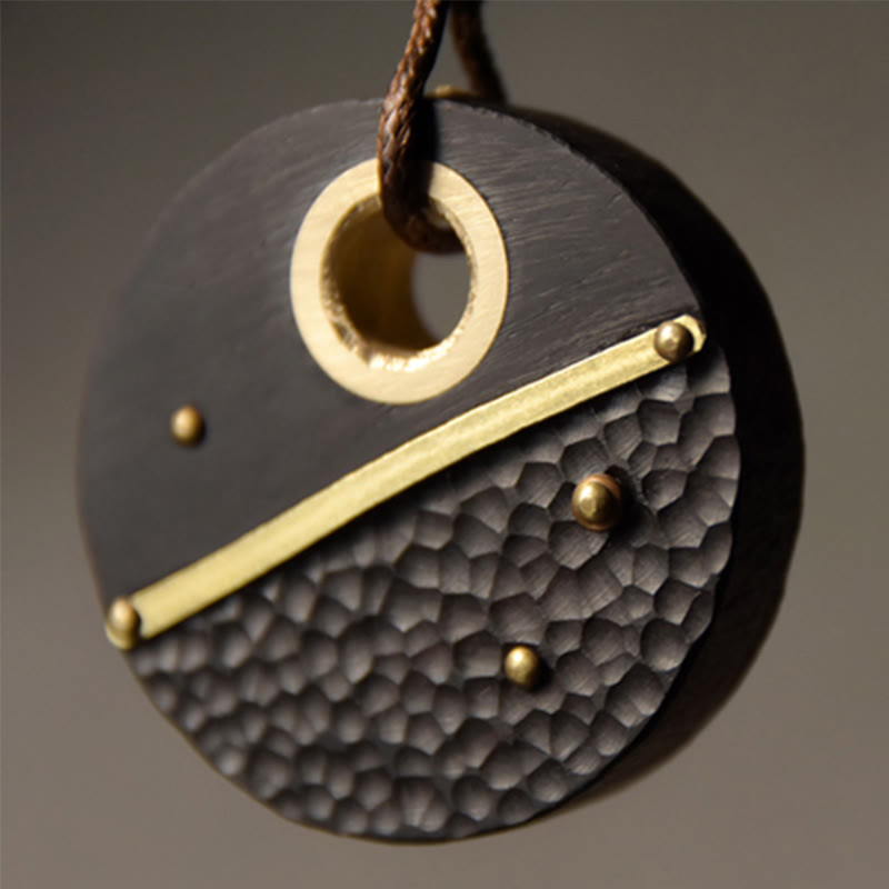 Buddha Stones Handcrafted Round Ebony Wood Brass Copper Peace Necklace Pendant - image 7