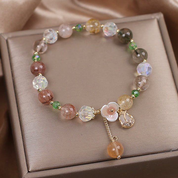 Buddha Stones Strawberry Quartz Rutilated Quartz Fluorite Flower Healing Bracelet