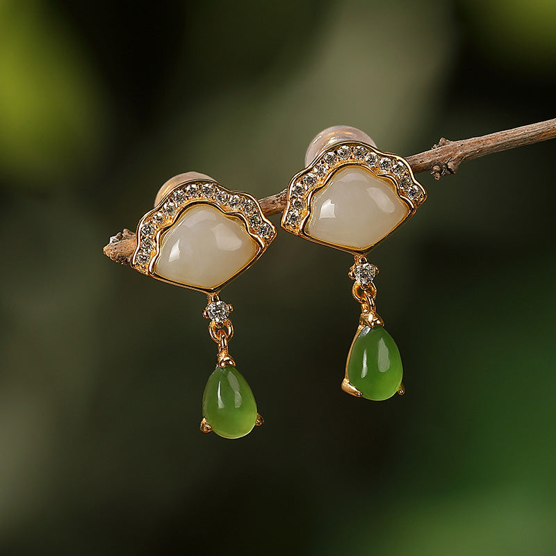 Buddha Stones White Jade Cyan Jade Fan Water Drop Pattern Luck Drop Earrings - White Jade&Cyan Jade - image 0