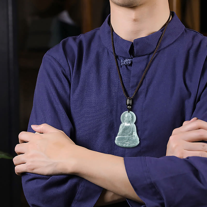 Buddha Stones Amitabha Buddha Natural Jade Lotus Amulet Compassion String Necklace Pendant - image 4