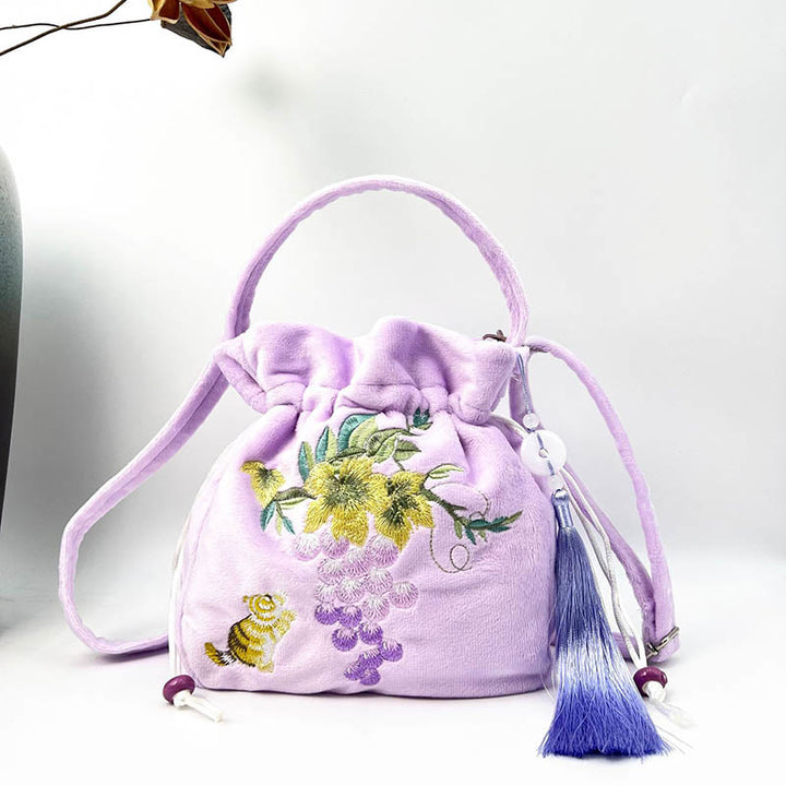 Buddha Stones Embroidered Osmanthus Peony Grape Cat Cotton Linen Tote Crossbody Bag Shoulder Bag Handbag