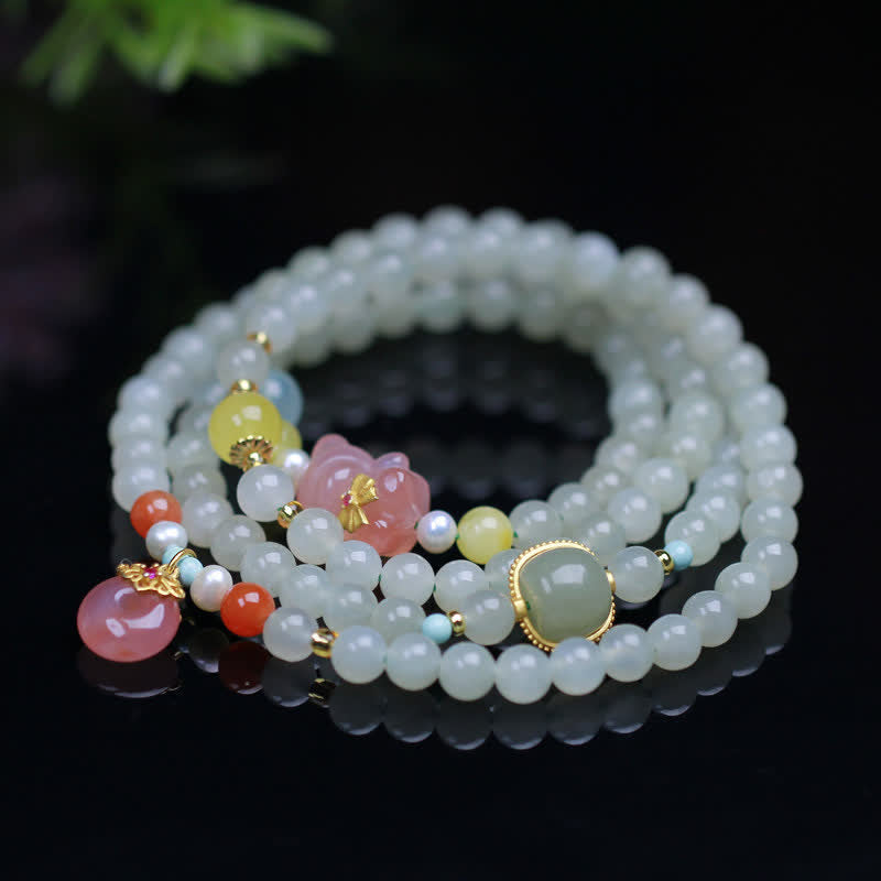 Natural Hetian Jade Pink Crystal Peace Buckle Happiness Abundance Bracelet - image 1