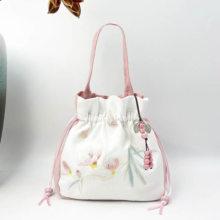 Buddha Stones Embroidered Butterfly Lotus Magnolia Cotton Linen Tote Crossbody Bag Shoulder Bag Handbag