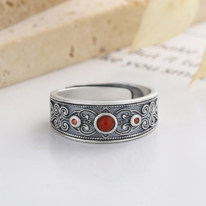 Buddha Stones 925 Sterling Silver Embedded Red Agate Auspicious Clouds Logical Thinking Ring