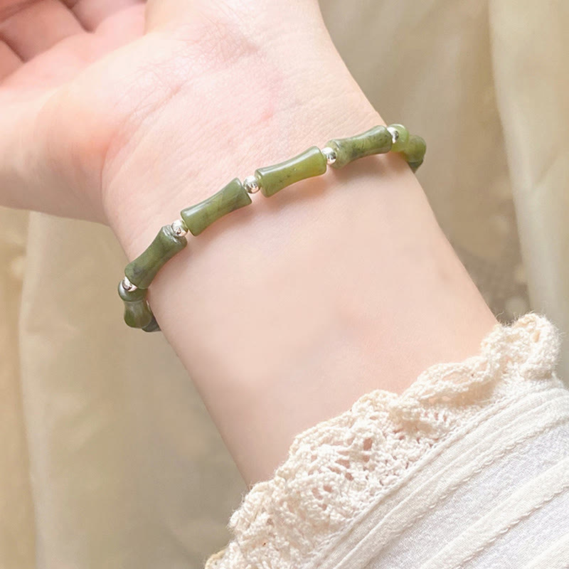Buddha Stones 925 Sterling Silver Bamboo Jade Lucky Cat Fu Character Luck Abundance Bracelet - image 14