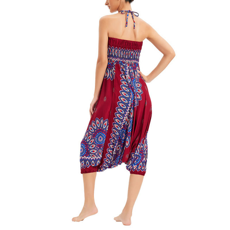 Buddha Stones Two Style Wear Sunflower Loose Smocked Harem Trousers Jumpsuit High Waist Pants