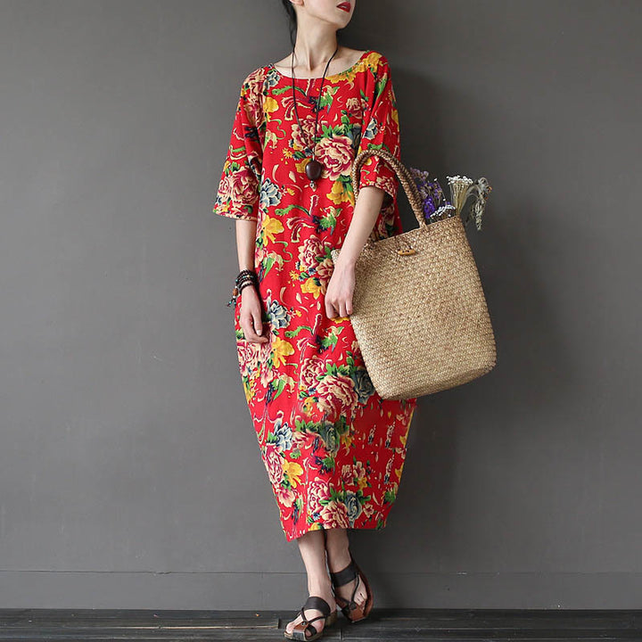 Buddha Stones Red Peony Flowers Printed Midi Dress Half Sleeve Cotton Linen Dress