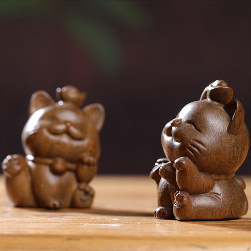 Buddha Stones Mini Green Sandalwood Ingot Lucky Cat Carved Peace Desk Decorations - image 17