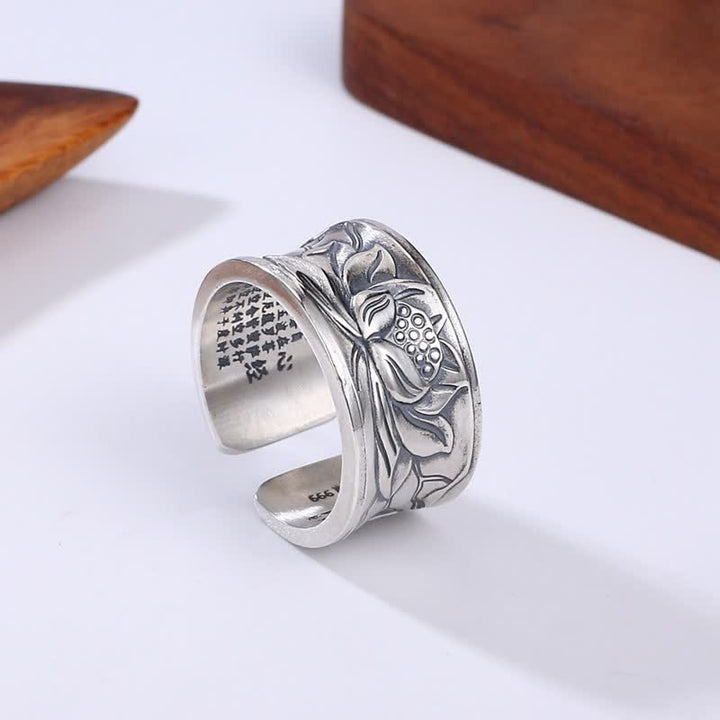 999 Sterling Silver Lotus Flower Heart Sutra Protection Ring - 999 Sterling Silver - image 0