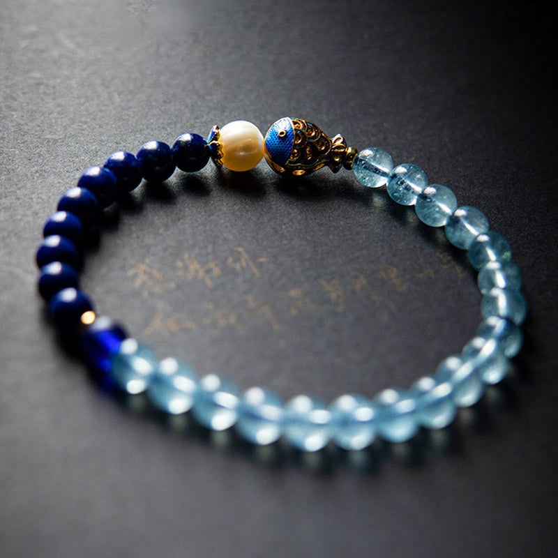 Buddha Stones Natural Aquamarine Lazurite Lapis Lazuli Fish Healing Bracelet - image 1