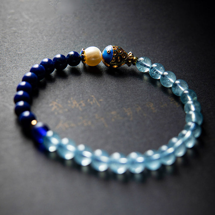 Buddha Stones Natural Aquamarine Lazurite Lapis Lazuli Fish Healing Bracelet - image 1