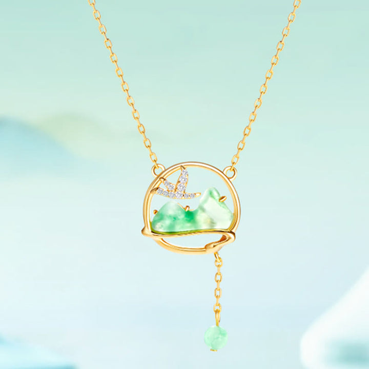 Buddha Stones 18K Gold Plated Copper Natural Jade Chalcedony A Panorama of Rivers and Mountains Luck Necklace Pendant Bracelet Set